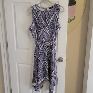 Violet B Chic Asymmetrical sleeveless Navy Patterned scarf hem midi Dress SzXL